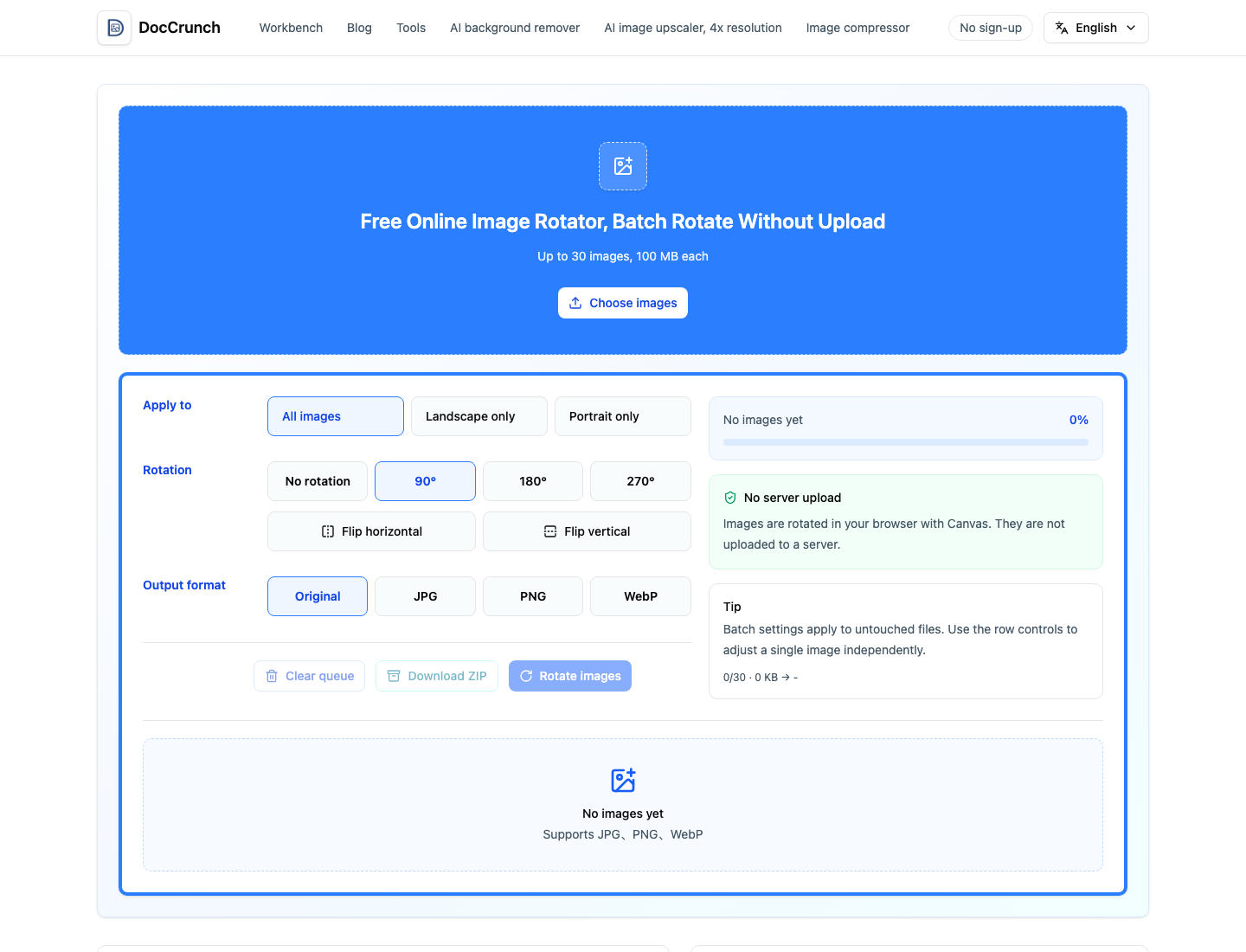 DocCrunch online batch image rotate tool interface