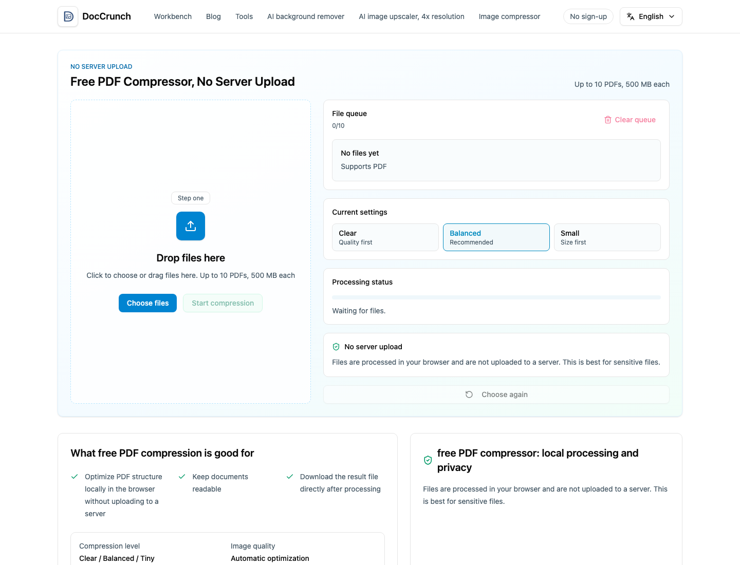 DocCrunch PDF compressor tool interface