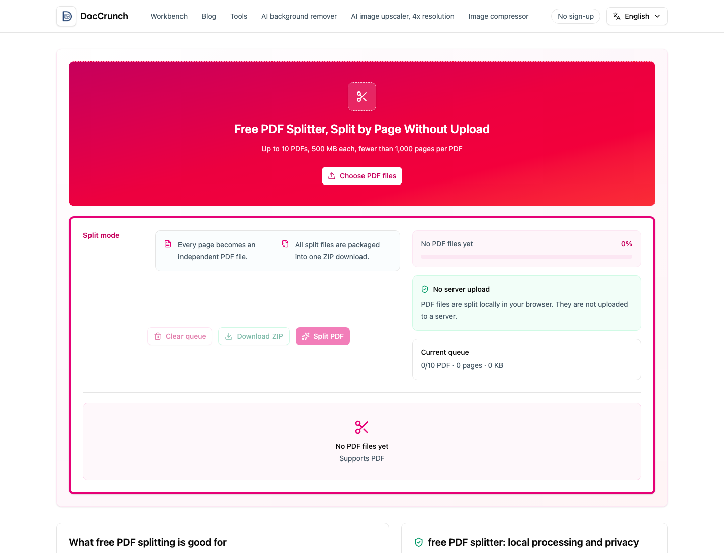 DocCrunch PDF splitter tool interface